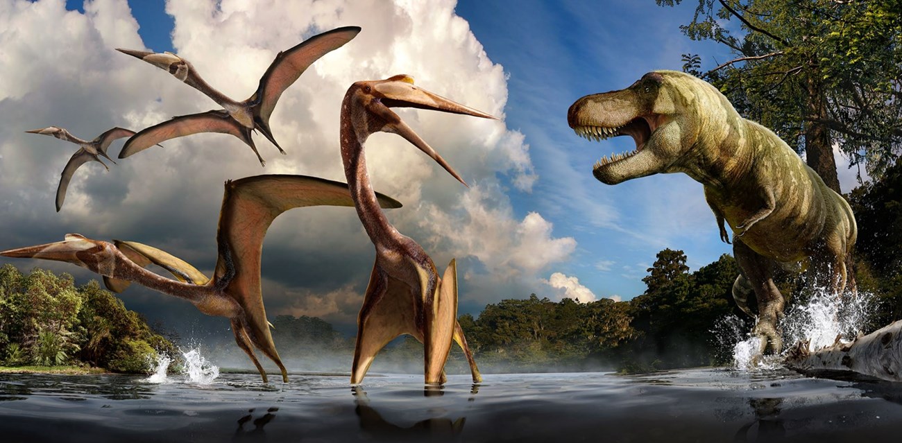 artist rendering of quetzalcoatlus and t rex