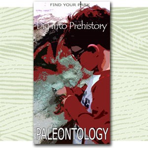 Find Your Park illustration child cleaning a fossil, text "Dig into prehistory paleontology"