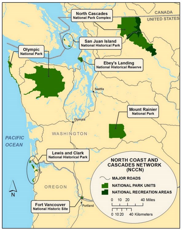 map of the U.S. northwest coast and cascade range with park boundaries shaded and labeled