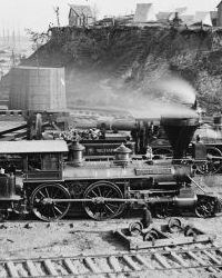 Photo of a locomotive and the Union supply base at City Point.