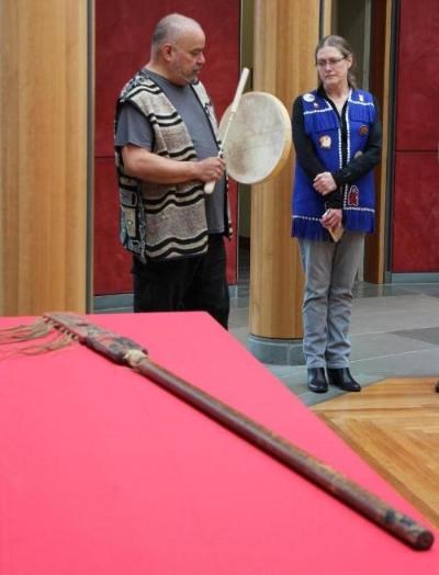 A repatriation ceremony was held at the National Museum of the American Indian's Cultural Resource Center (NMAI) on April 17, 2018 of Keet Gooshi (Killerwhale Fin) to Central Council of the Tlingit and Haida Indian Tribes of Alaska by the Virginia Museum