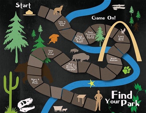 Illustration of a board game with park-related images and text "Find Your Park"