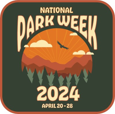 Graphic with an illustration of an eagle flying over a forest with text reading "National Park Week. April 20-28, 2024"