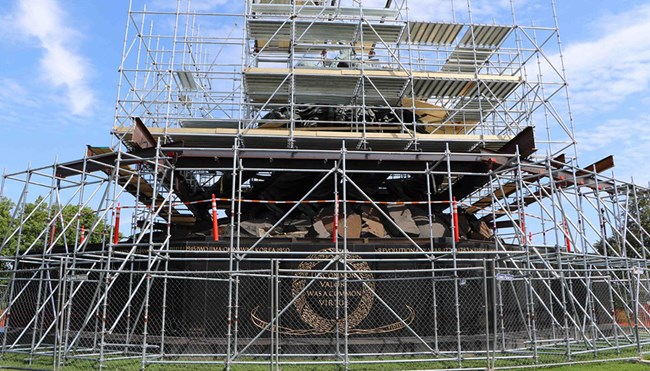 scaffolding surrounds the U.S. Marine Corps War Memorial