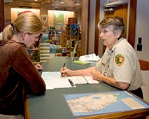 Volunteer answering questions at the Visitor Center in Everglades National Park