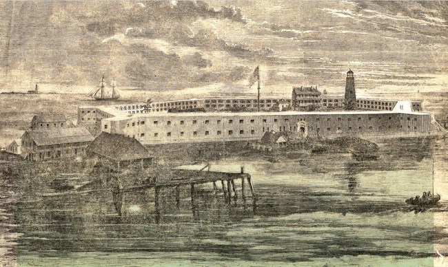 1863 Woodcut Showing Fort Jefferson with Workmen’s Two-Story Housing on the Far Left.