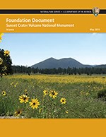 Sunset Crater Volcano Foundation Document cover featuring the cinder cone with wildflowers. Click to open.