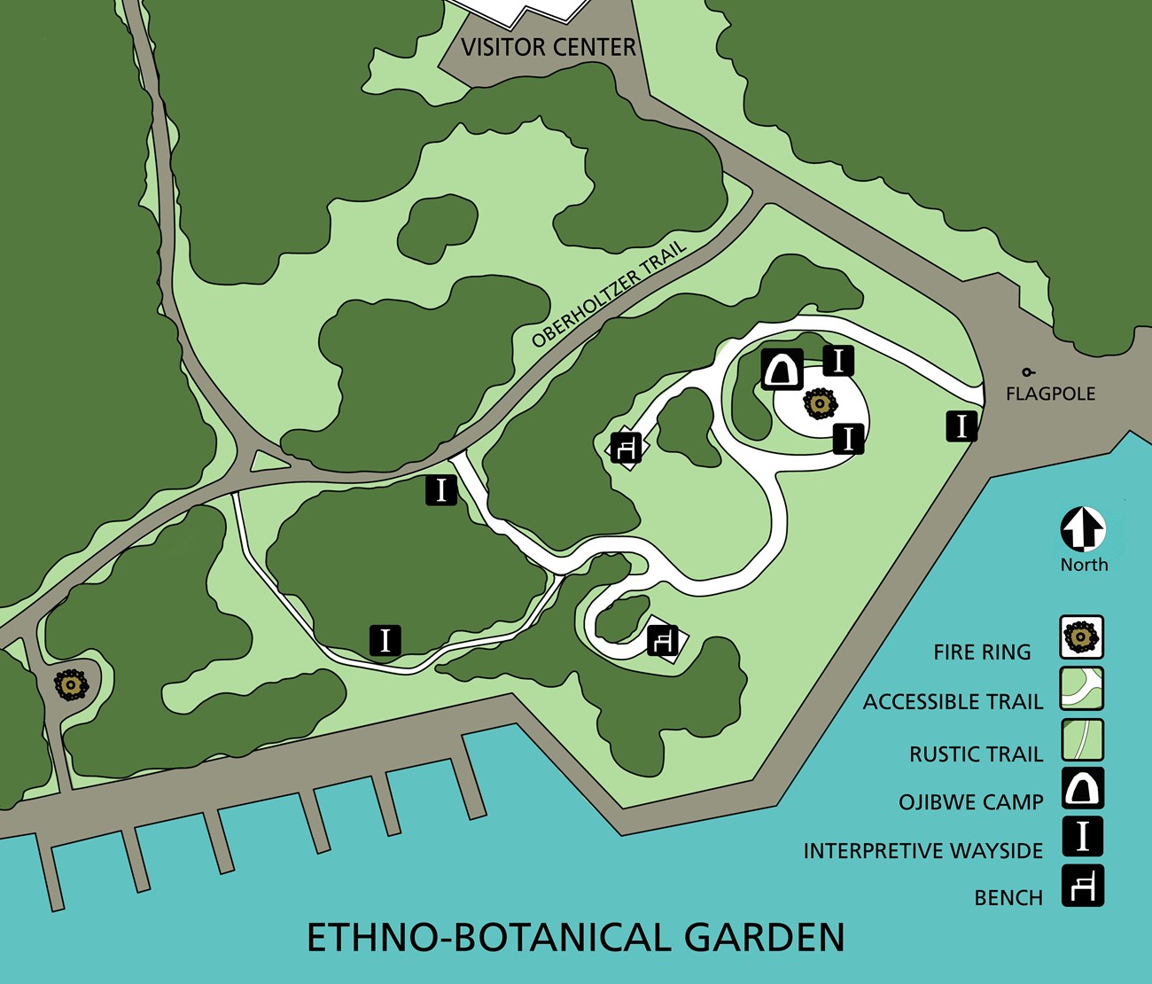 A map of the ethnobotanical garden. It shows bench locations, the ojibwe encampment site, and where the garden is in realtion to the Rainy Lake visitor center.