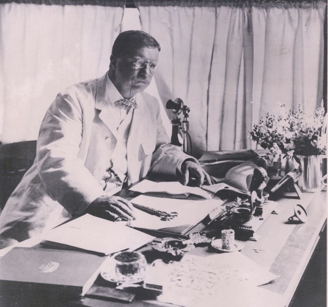 Black and white photograph of Theodore sitting at desk with pensive look on face.