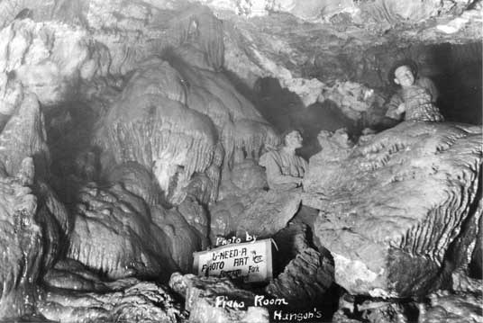 Early black and white photo of Hansen Cave showing large flowstone formation.