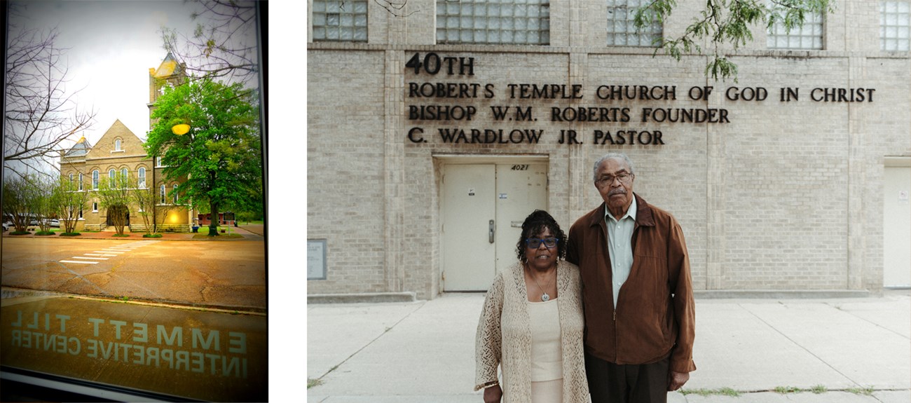 Two images. On the left: a courthouse through a window. On the right: two people stand in front of a church.