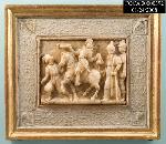 Alabaster carving of Charles IX and Nostradamus with its original gilt frame.  Charles IX is on horseback presenting a bag of money to Nostradamus and represents an event that occured at Salon in 1564.
