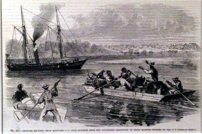 Illustration of freedom seekers on small boat heading toward a large vessel with sails
