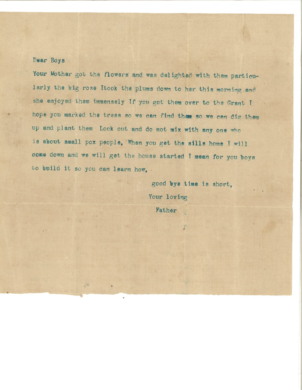 Letter between father and sons discusses mother getting the flowers, plum trees, and small pox.  Typed on typewriter.