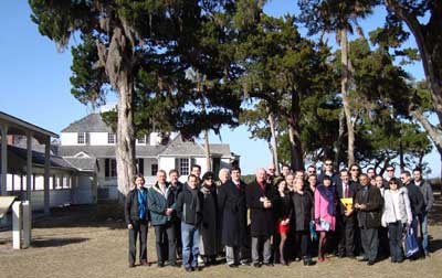 Photo of French delegation in front of owner's home at Kingsley Plantation