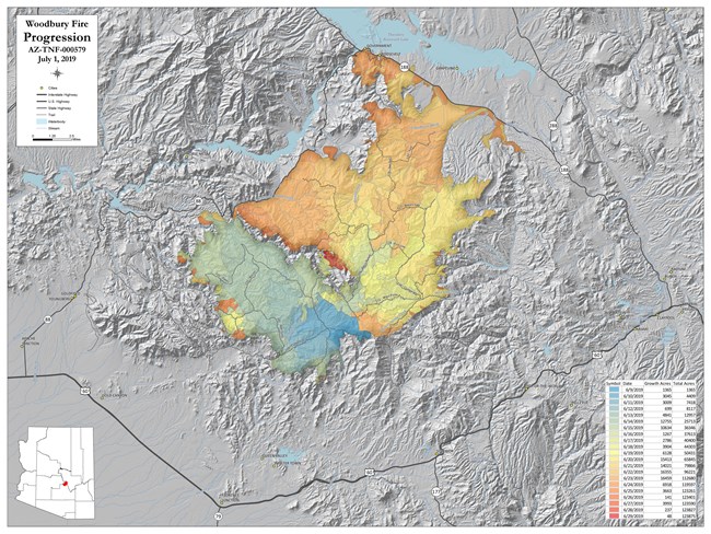 Progression map of the Woodbury Fire