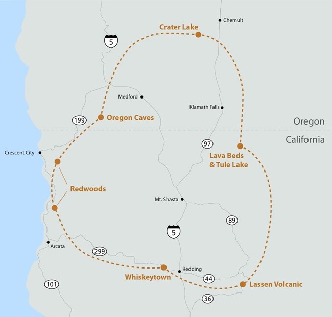 Map of northern ca and southern or with major cities, highways, and national parks marked