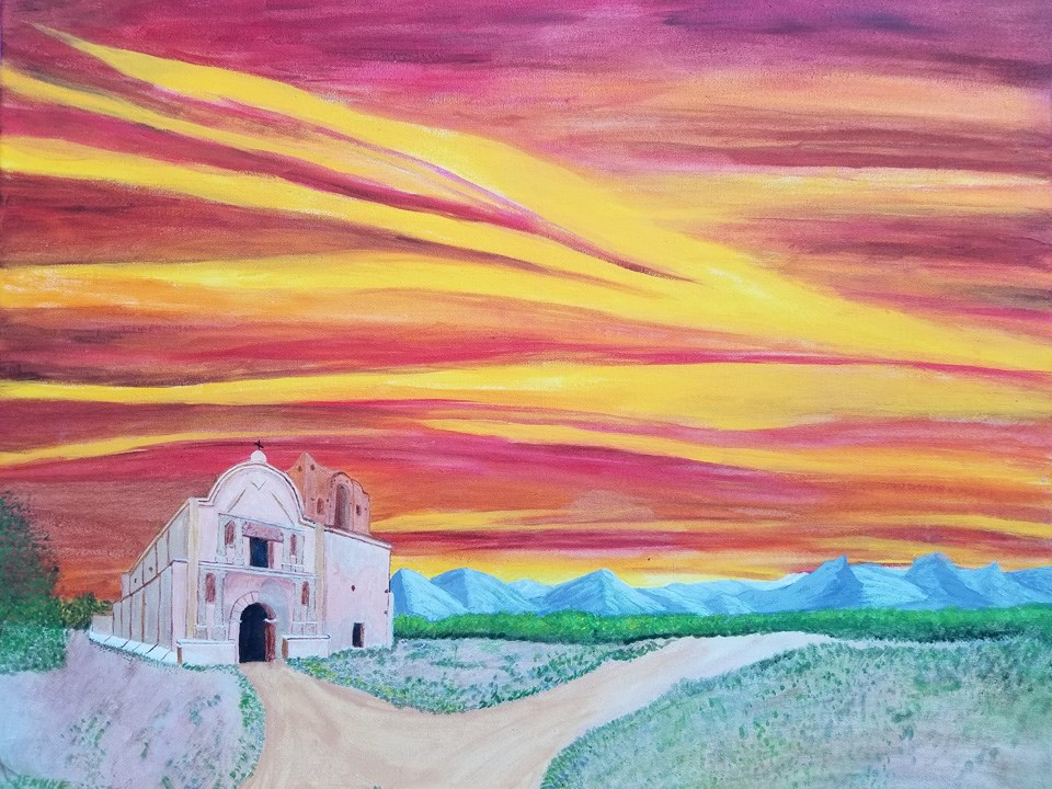 acrylic on canvas, church with sunset