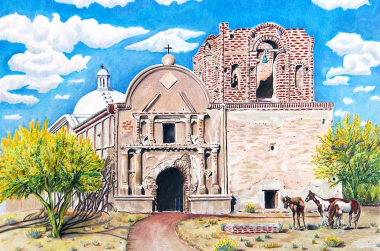 colored pencil drawing of church with horses