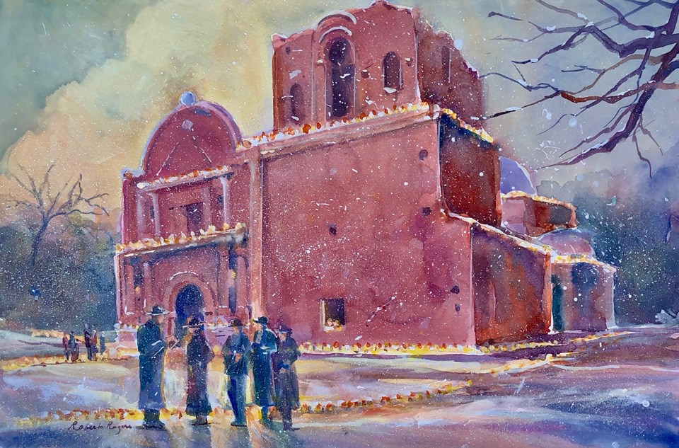 painting of church with luminarias and people