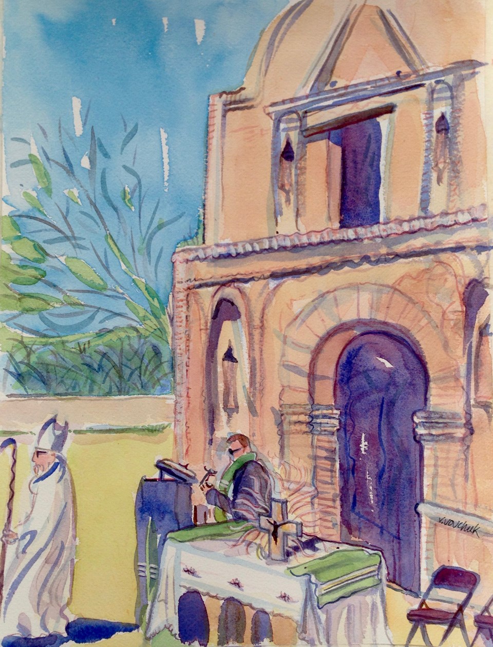 watercolor painting with priests in front of church