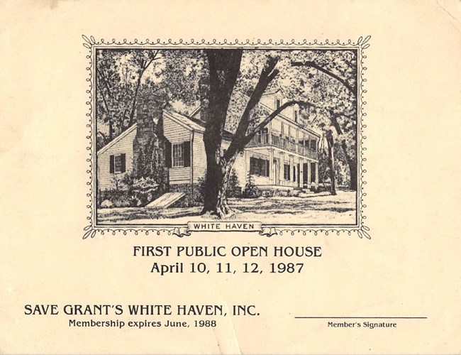 Membership card for "Save Grant's White Haven, Inc." featuring an image of a nineteenth century frame house surrounded by mature trees.