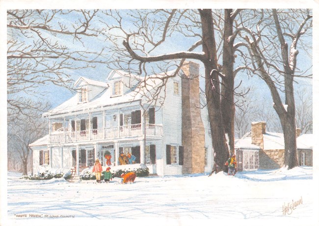 Painting of a white frame house on a snowy day, children playing and making a snowman in the foreground
