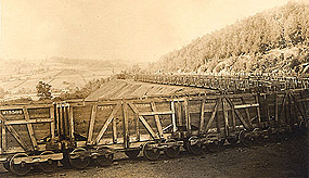 Rail cars filled with coal descend the mountain on the Gravity Railroad