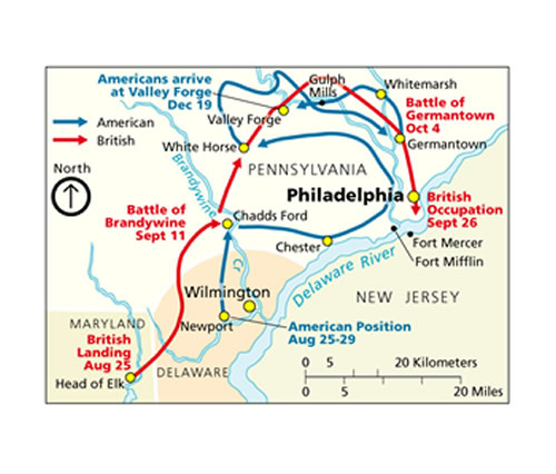 A diagram of British and American troop movements in the campaign of 1777.
