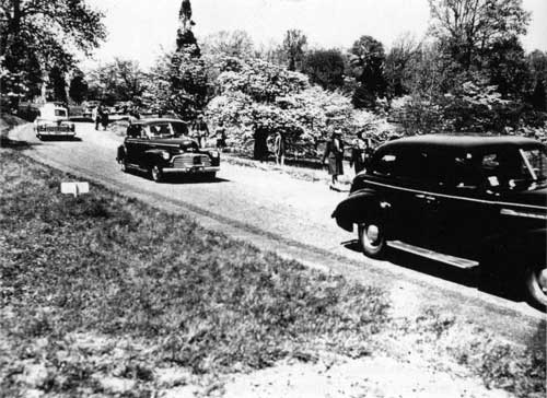 Valley Forge in the spring during the 1940s. Flowering dogwood is one of the park's attractions.