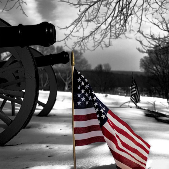 American flag in front of 18th century cannon