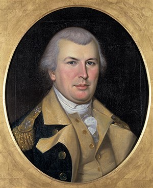 Oil painting of the bust of Nathanael Green wearing the uniform of a general in the Continental Army.
