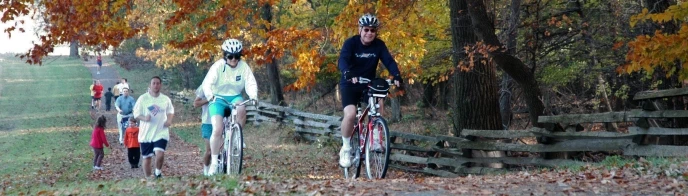 Walkers and bikers on the trail underneath the fall trees