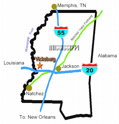A map in the shape of the state of Mississippi highlights locations of Vicksburg and main highways that run through the state. The cities of Natchez, Memphis, Jackson and Vicksburg are noted.