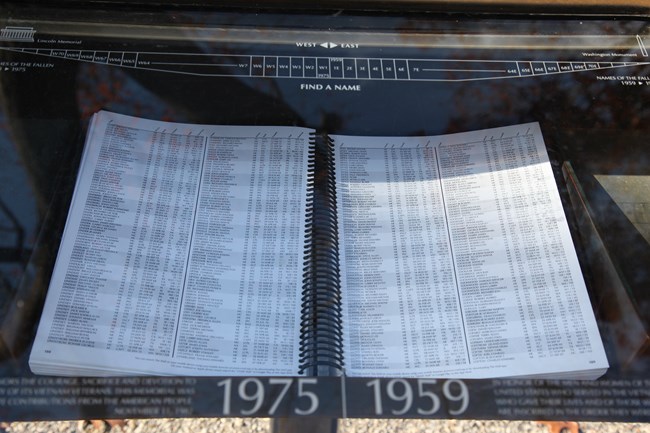 A case holds a notebook full of the names belonging to veterans who passed away in the Vietnam conflict.
