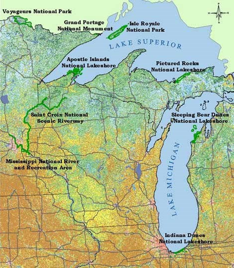 Map showing the nine sites of the Great Lakes Inventory and Monitoring Network, Voyageurs, Isle Royale, Grand Portage, Apostle Islands, Saint Croix, Pictured Rocks, Sleeping Bear Dunes, and Indiana Dunes, Mississippi River