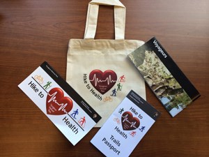 Hike to Health Trails Passport kit, bag and brochures.