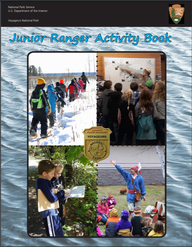 Four images on the cover. One shows kids snowshoeing, one has kids gathered around a map while a park ranger points, one has two kids looking at a paper outside, and the last image shows a person dressed up as a voyageur in colorful clothing.