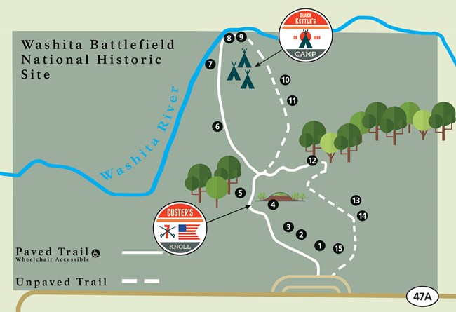A map showing a figure eight shaped trail that is half paved and half unpaved connecting a parking area on its south end to the Washita River on its north end.