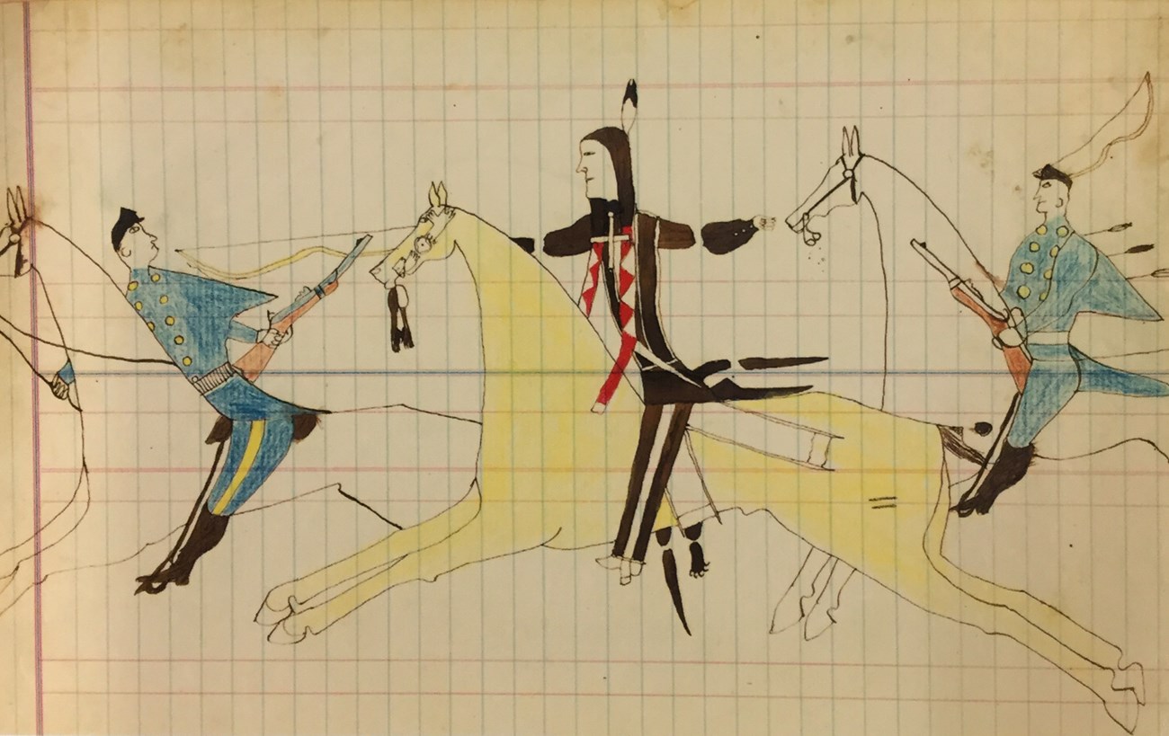 19th century Cheyenne ledger art depicting battle scene between a warrior and two soldiers