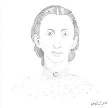 A pencil drawing of Sarah Catherine White's face and shoulders.