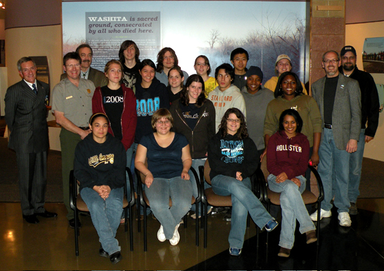 Speakers W. Richard West Jr. and Jerome Greene pose for a picture with students from Texas A & M University-Commerce