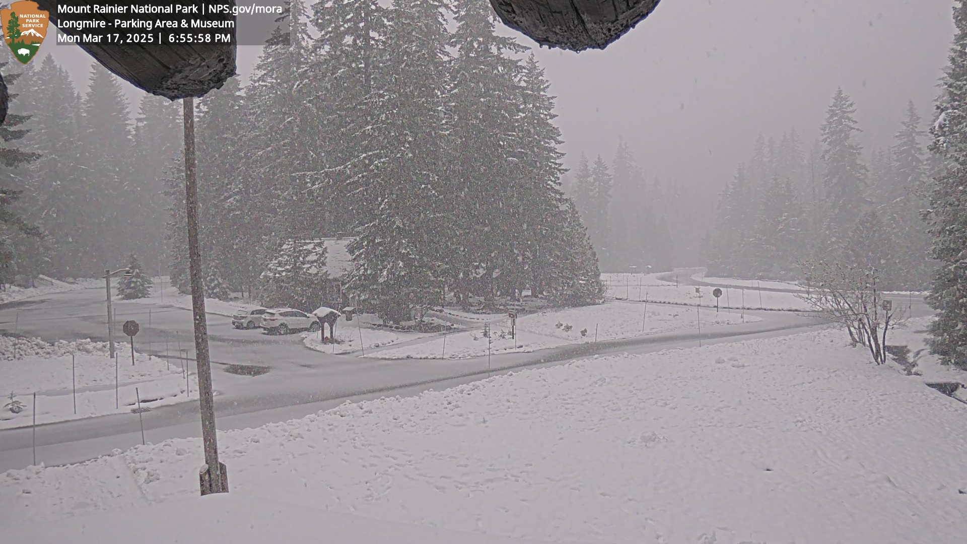 Looking southwest from the Administrative Building at the road entering Longmire. Thumbnail photo taken from webcam on October 11, 2012.