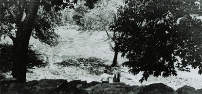 J. Alden Weir painting in a field beyond a stone wall with his back to the camera.