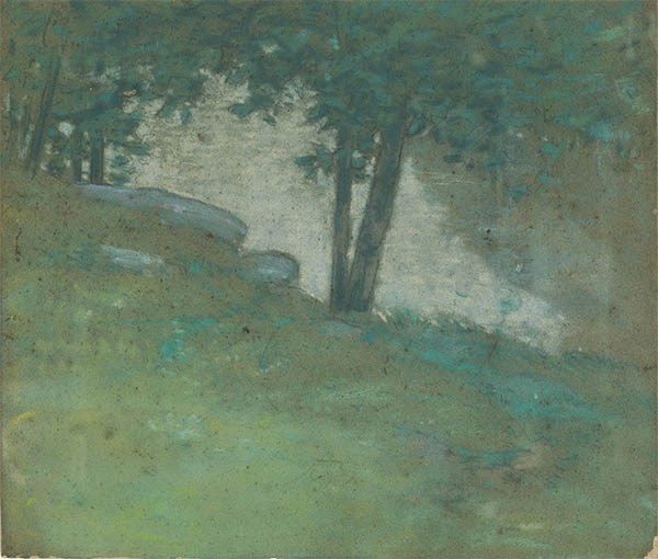 Pastel drawing of a sun drenched grass that overlooks a pond. A small tree with a forked trunk is blocking the view of the pond.