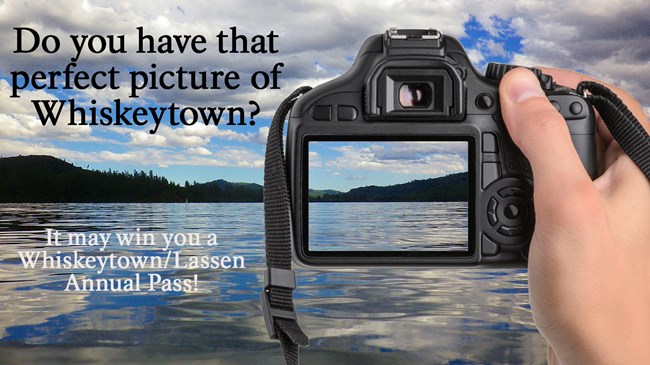 View of Whiskeytown Lake with a hand holding a camera graphic in the foreground.