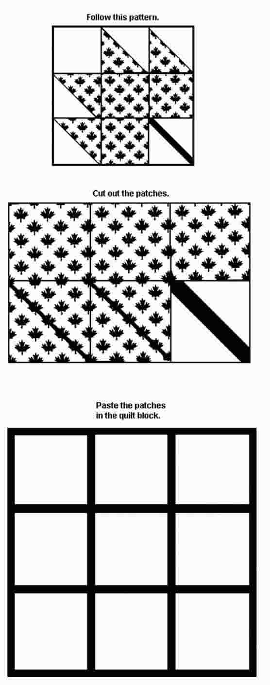 series of diagrams showing steps to create a maple leaf quilt block