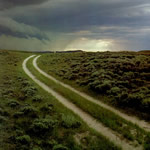 Wagon ruts lead to the horizon.
