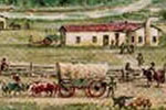 Painting showing T-shaped house with wagon and oxen in foreground.