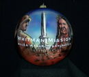 Christmas ornament decorated with Marcus Whitman, the memorial arch, and a Cayuse Indian.